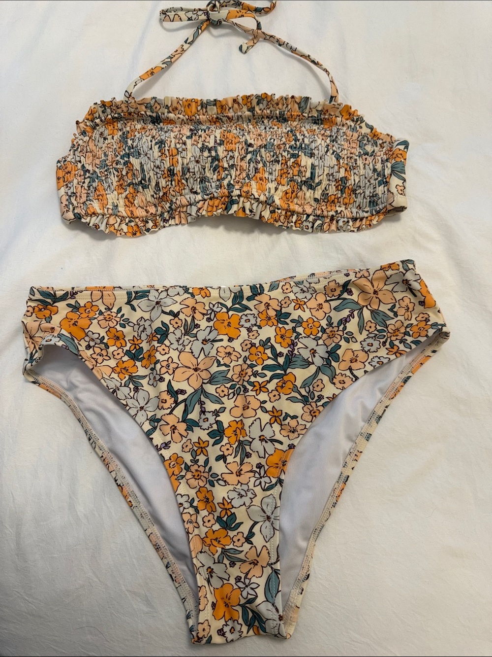Smocked Floral Bikini Set in Cream and Mustard Medium